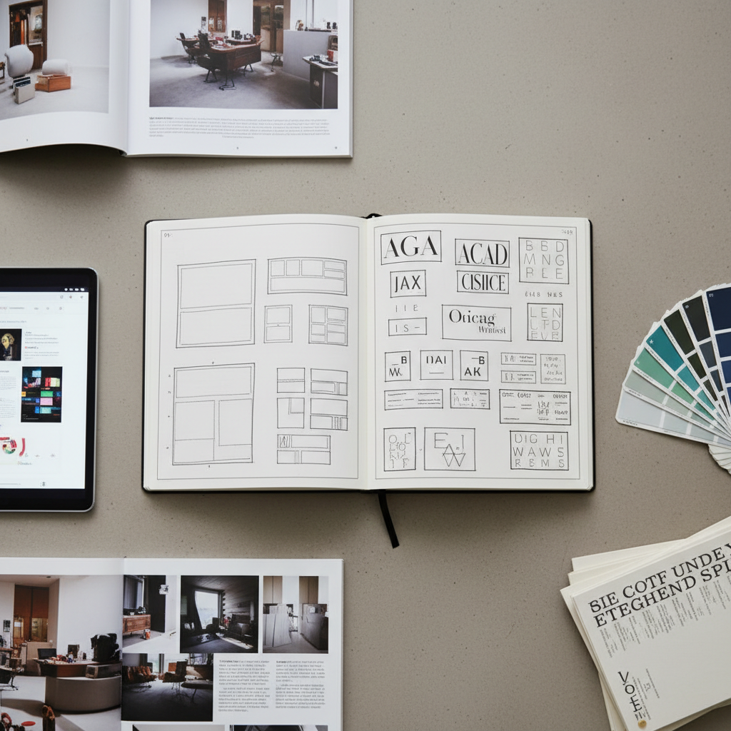 An overhead photographic view of a design workspace featuring a large, open sketchbook filled with neatly ruled layout wireframes and typographic explorations drawn in fine black pen. Surrounding it are printed magazine spreads, a tablet showing a vibrant grid-based web layout, and a neatly organized set of color swatches and typography specimens. The surface is a smooth, neutral concrete desk that contrasts with the bright whites and deep blacks of the design artifacts. Soft, even studio lighting eliminates harsh shadows, creating a clean, analytical atmosphere. The mood is methodical and professional, emphasizing process and precision. The composition uses asymmetrical balance with a clear focal point on the open sketchbook, captured from a true top-down perspective with sharp focus, ideal for a graphic design portfolio section about layout and editorial design.